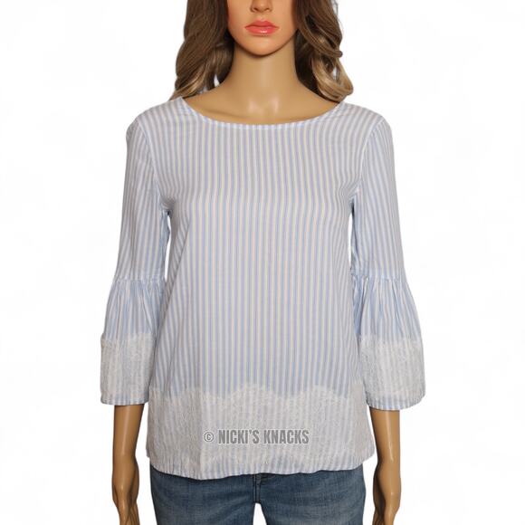 Blue Rain Striped Bell Sleeve Blouse Lace Trim Tie Back Boho Chic Light Blue XS - Picture 2 of 11